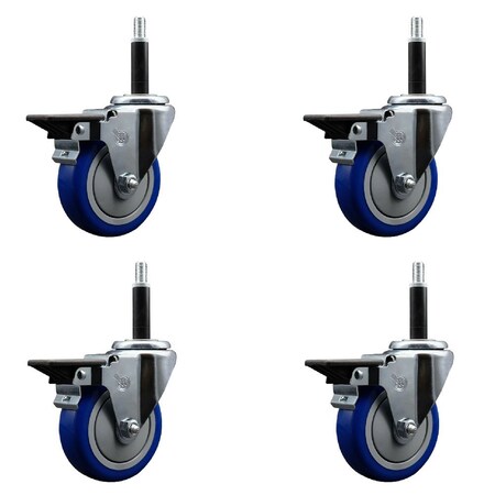 Service Caster 4'' Blue Poly Swivel 3/4'' Expanding Stem Caster Set with Brake, 4PK SCC-EX20S414-PPUB-BLUE-PLB-34-4
